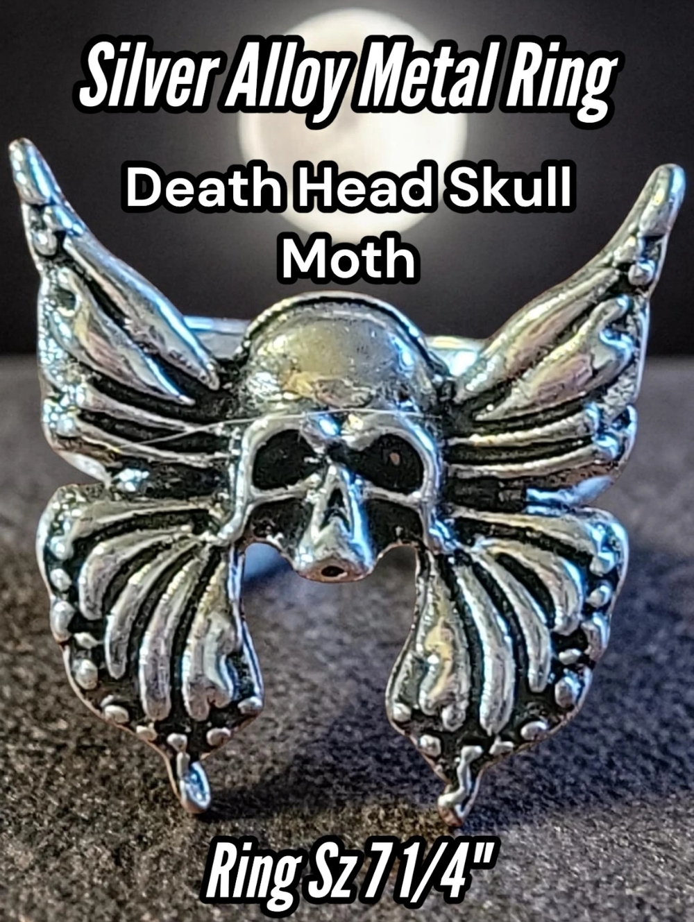 NWT Silver Alloy Metal Death Head Skull Moth Butterfly Ring Sz 7 1/4